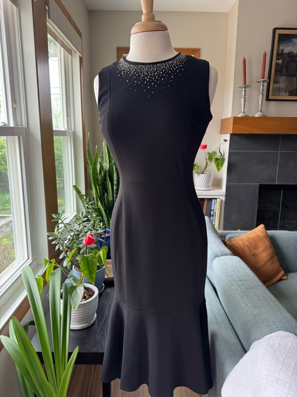 Calvin Klein Sleeveless Black Mermaid Hem Dress with Embellished Neckline.